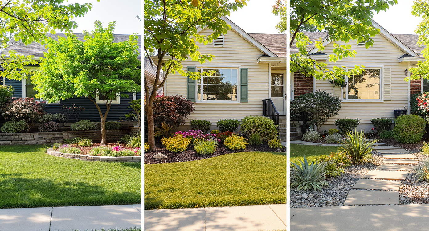 Three modest front yards with new trees, stone seating, and natural stone paths under afternoon sunlight, showcasing small impactful landscaping changes.