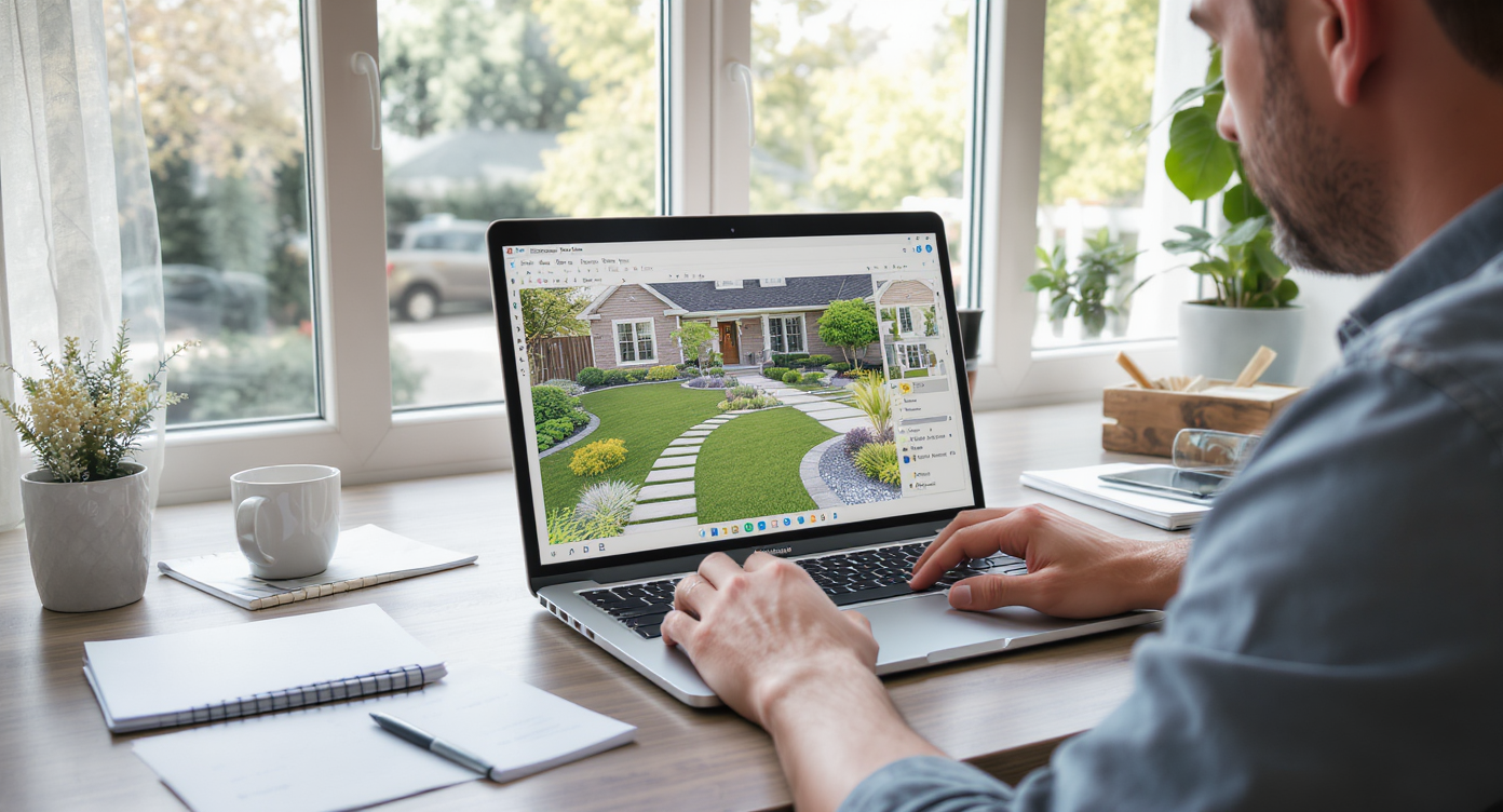 Homeowner using laptop with ReimagineHome.ai showing 3D yard design, surrounded by notes and photos in a naturally lit workspace.