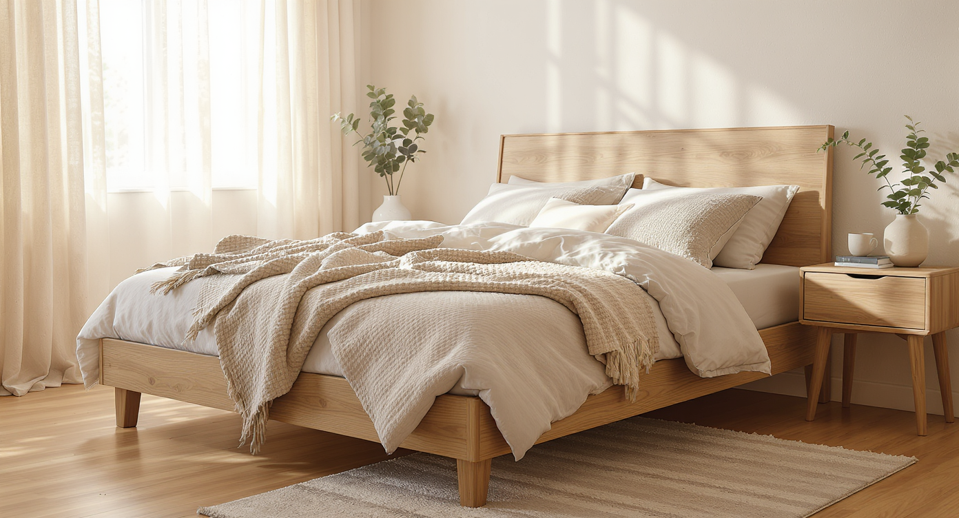 Japandi bedroom with wooden bed, layered bedding, natural sunlight, and tactile materials emphasizing restful sleep.