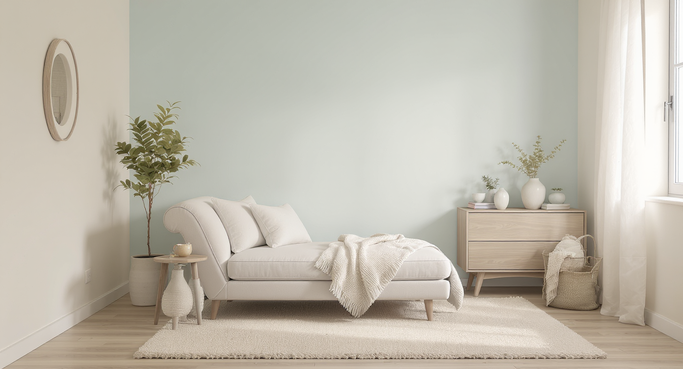 Cozy Japandi bedroom nook with pale blue-green ceiling, beige walls and chaise lounge under soft natural light.