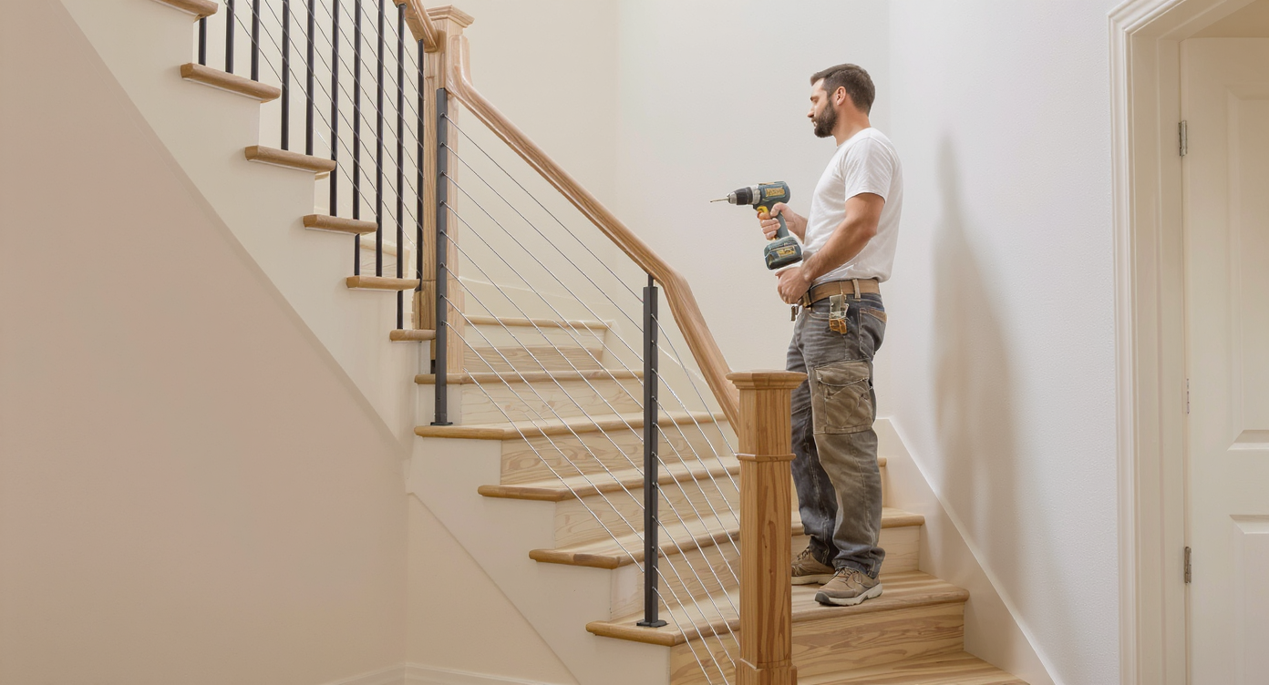 Homeowner installing DIY handrail on basement stairs featuring black metal balusters, cable rails, and wooden slats.