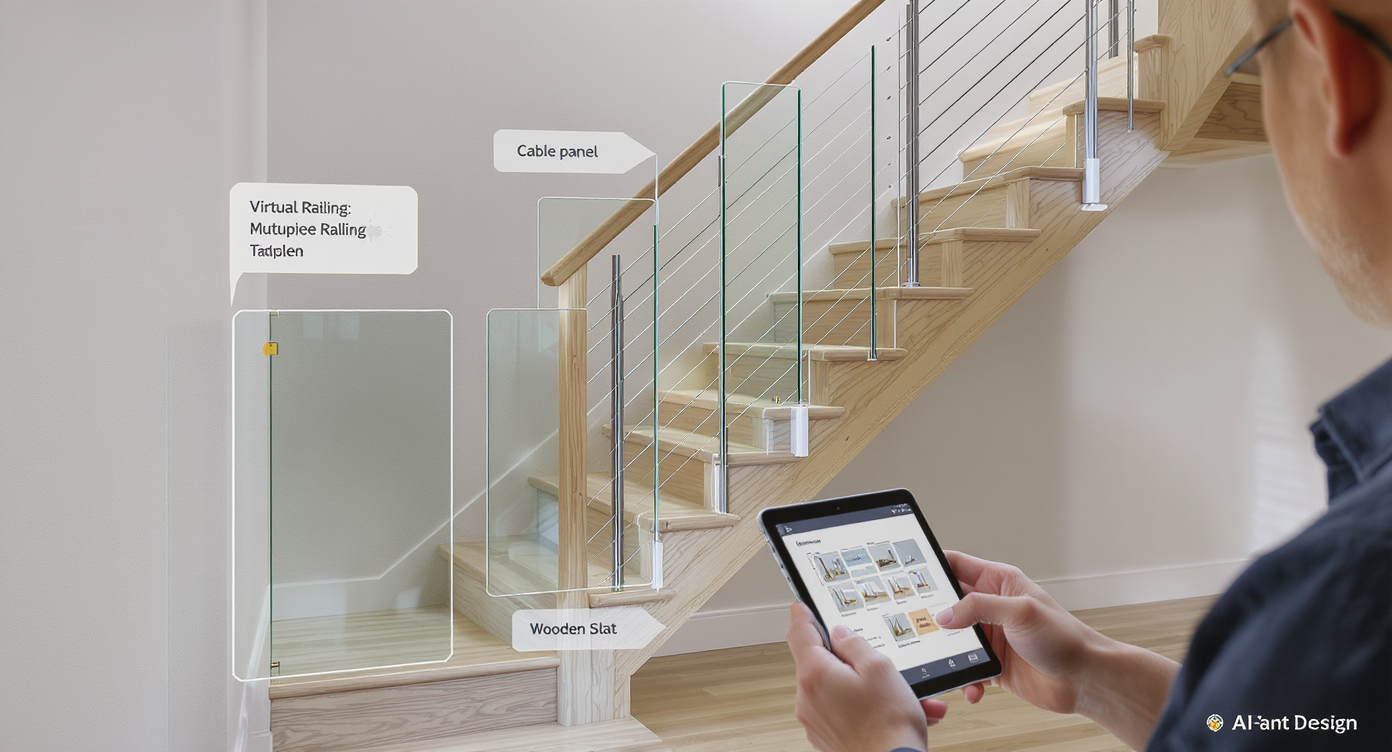 Basement stair with virtual overlay of multiple railing styles viewed via an AI design app on a tablet held by user.