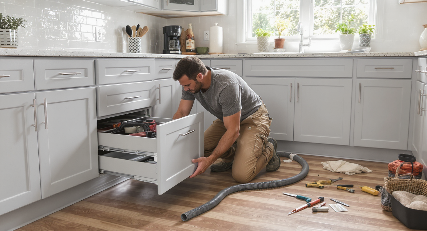 Homeowner installs toe-kick vacuum ports and all-drawer cabinets in bright kitchen with clear walking paths and pet-care cabinet.
