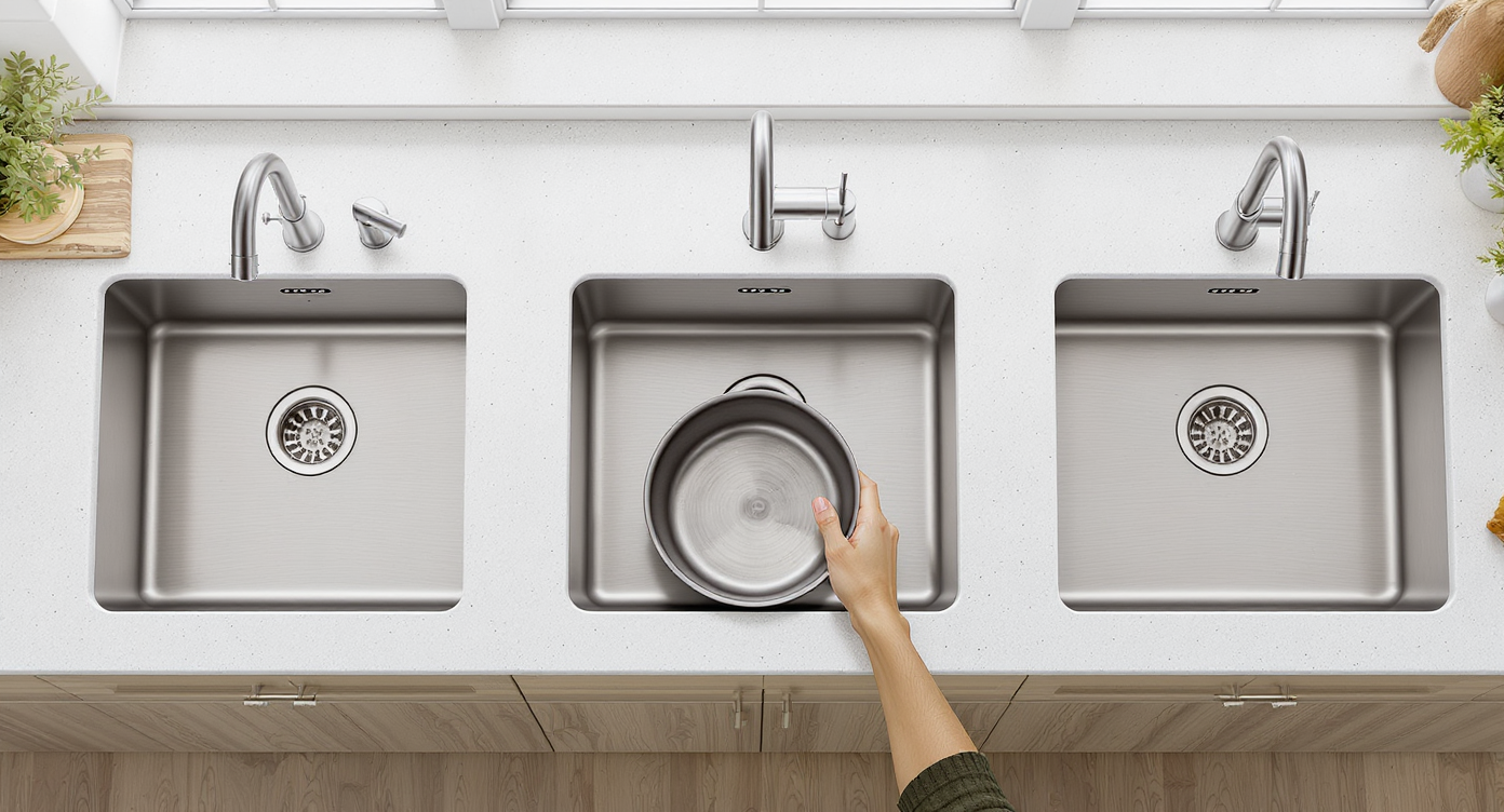 Overhead view of three kitchen sinks side by side showing single, 60/40, and double bowl options with faucets and large pan scale demonstration.