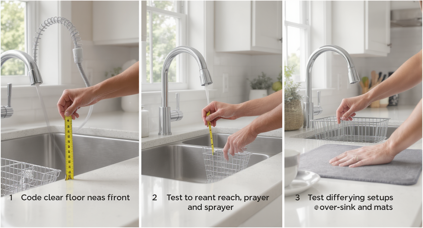 Collage of DIY steps: measuring floor clearance, testing faucet reach, and evaluating drying setups in a natural bright kitchen.