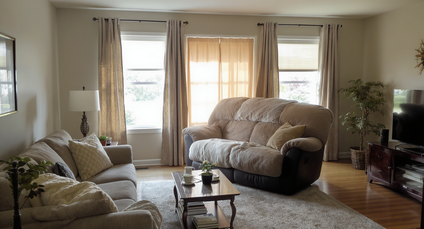 Living room showing disrupted flow caused by oversized furniture near windows with narrow walking paths and mixed window types.