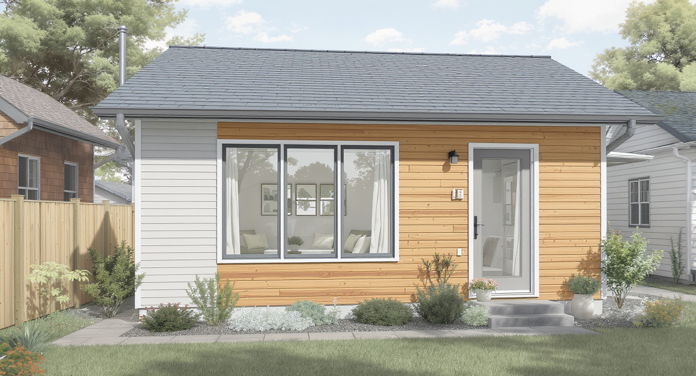 Small home exterior with a mix of wide horizontal and tall vertical windows arranged intentionally for views and ventilation under soft daylight.