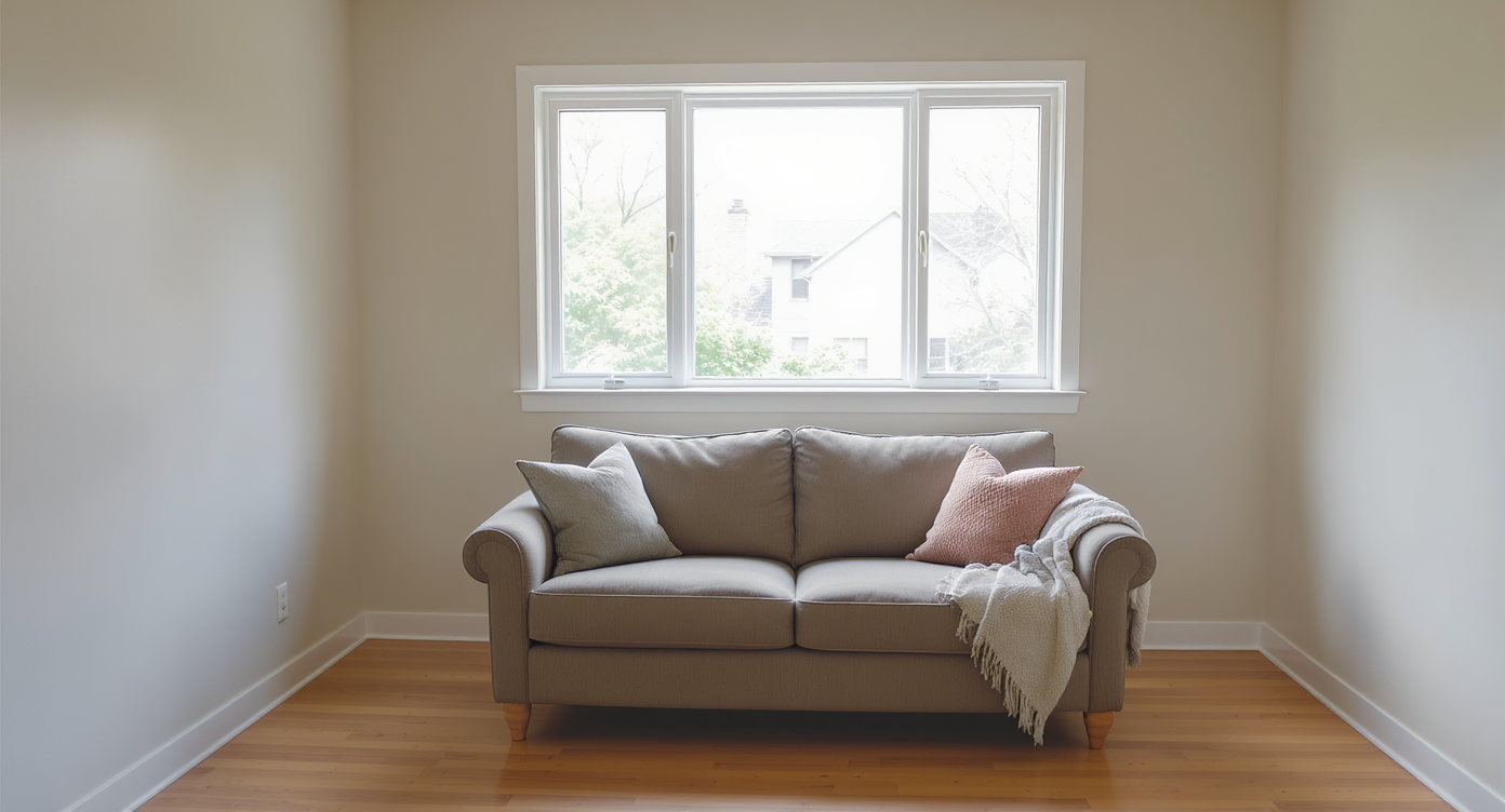 Small living room sofa positioned under a horizontal window with appropriate sill height offering a clear view and ample natural light.