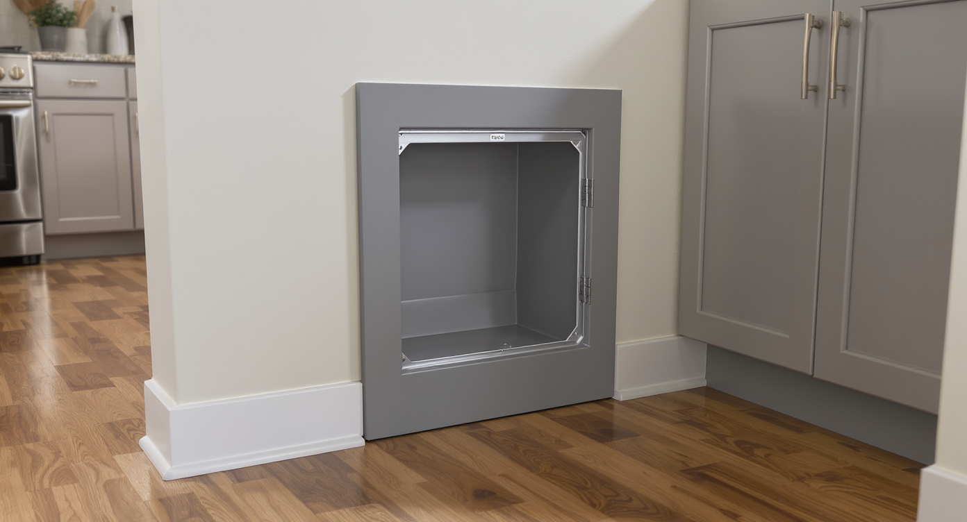 Compact kitchen corner showing a laundry chute door with ample clear floor space and balanced furniture scale.