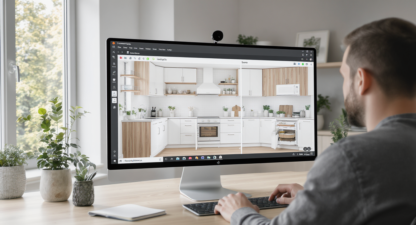Home office with designer using AI software to test kitchen layouts featuring vintage laundry chute updates.
