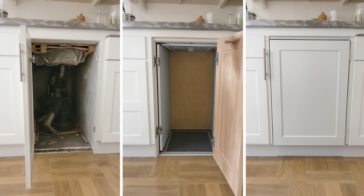 Three-stage kitchen sequence showing opened vintage chute, DIY fire-safe upgrades, and finished stylish cabinet.