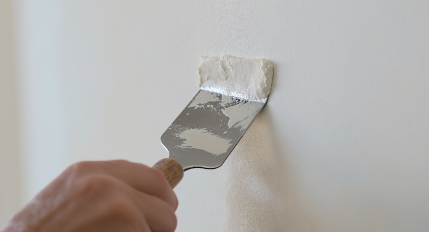 Hands applying spackling paste smoothly to a small drywall hole with a putty knife.