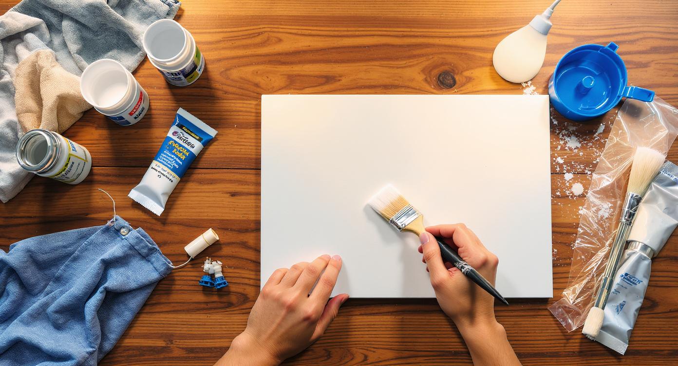Overhead view of a tabletop with caulk tubes, paintbrush, plumbing parts, and hands practicing painting drywall corner.