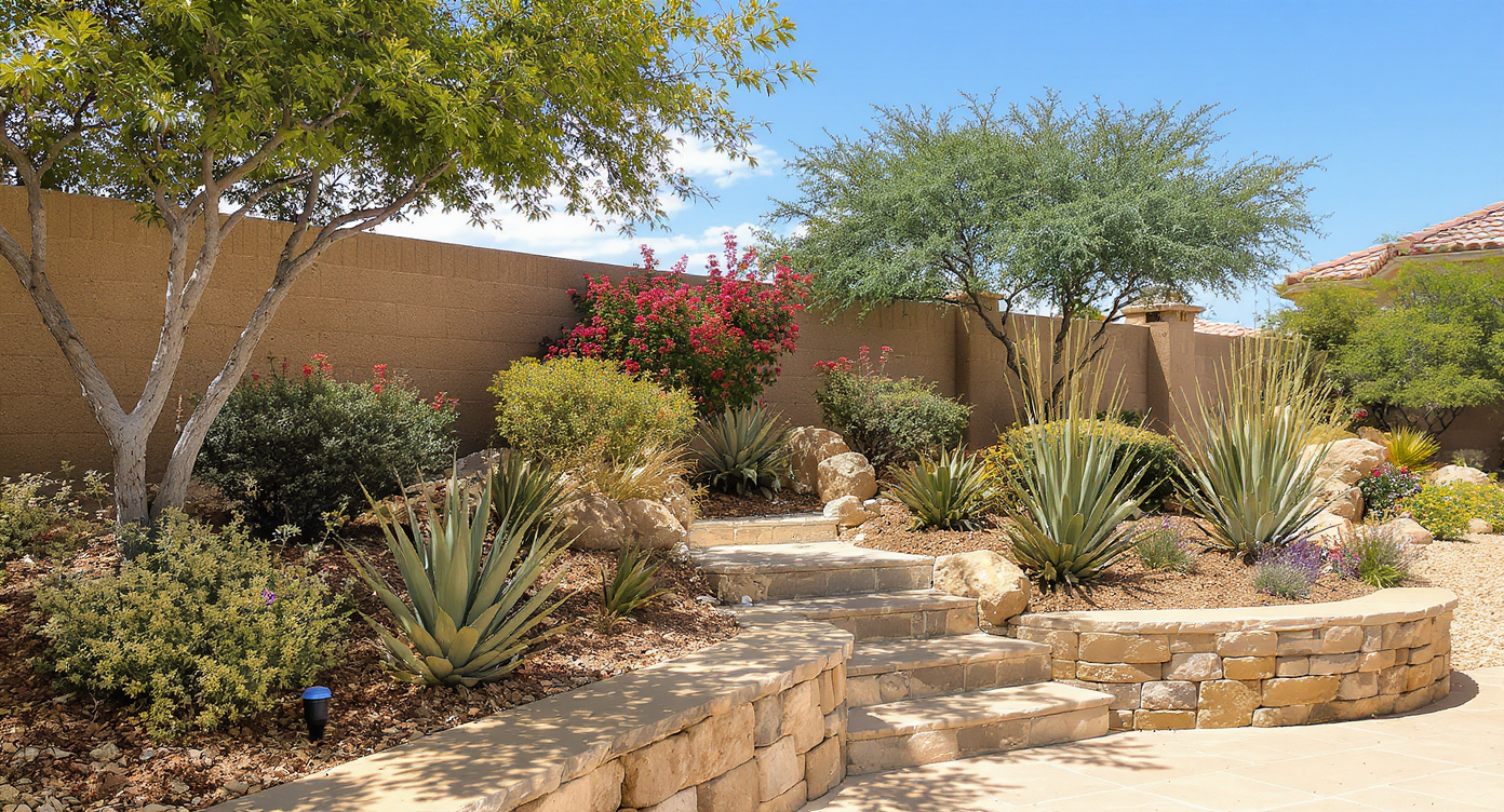 Xeriscaped Amarillo yard with native plants, natural stone patios, mulch, and efficient irrigation under bright sun.