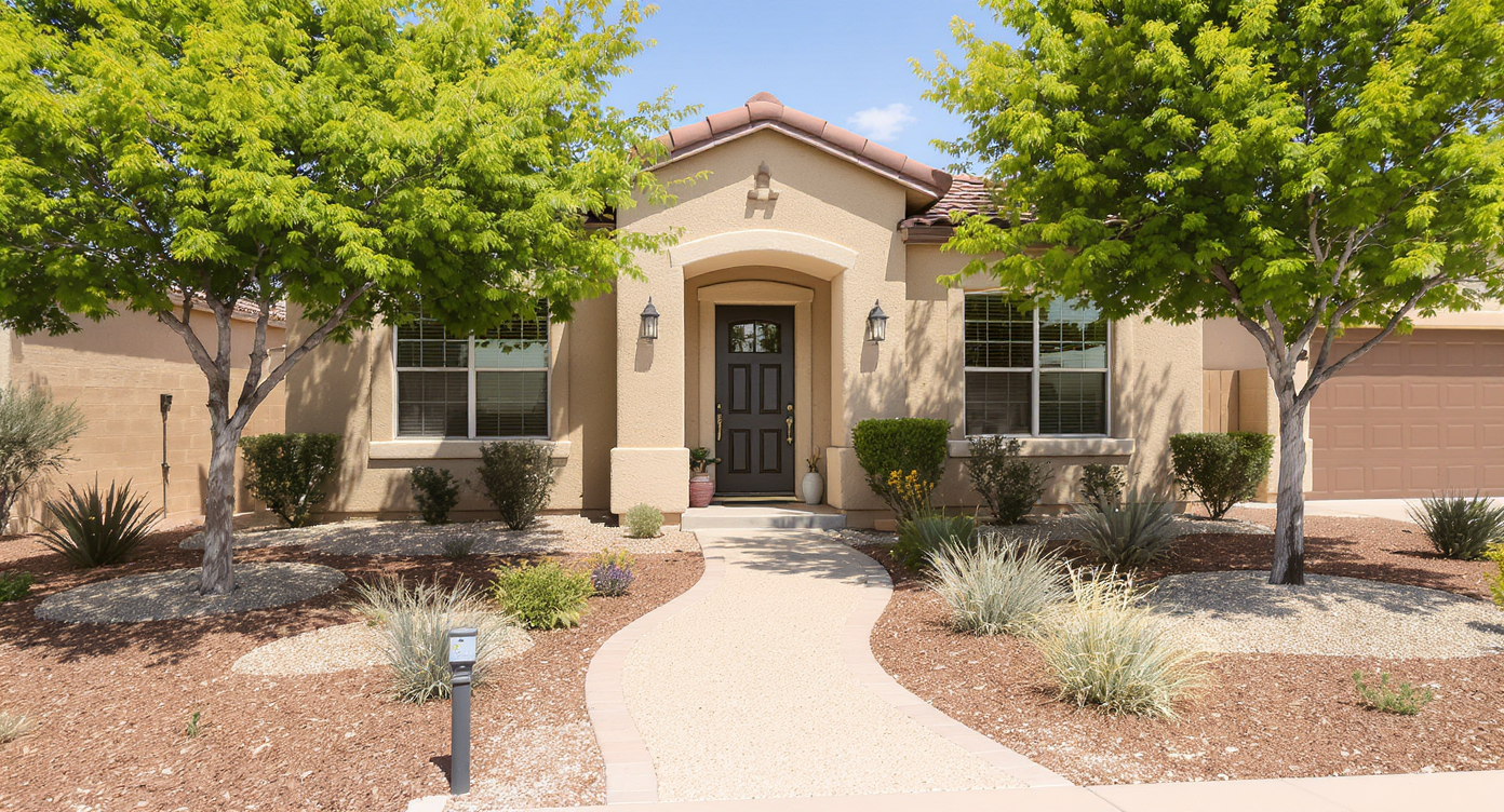 Amarillo front yard with curved gravel walkway, tidy native plant beds, shade trees, and a homeowner using a tablet outside in natural daylight.