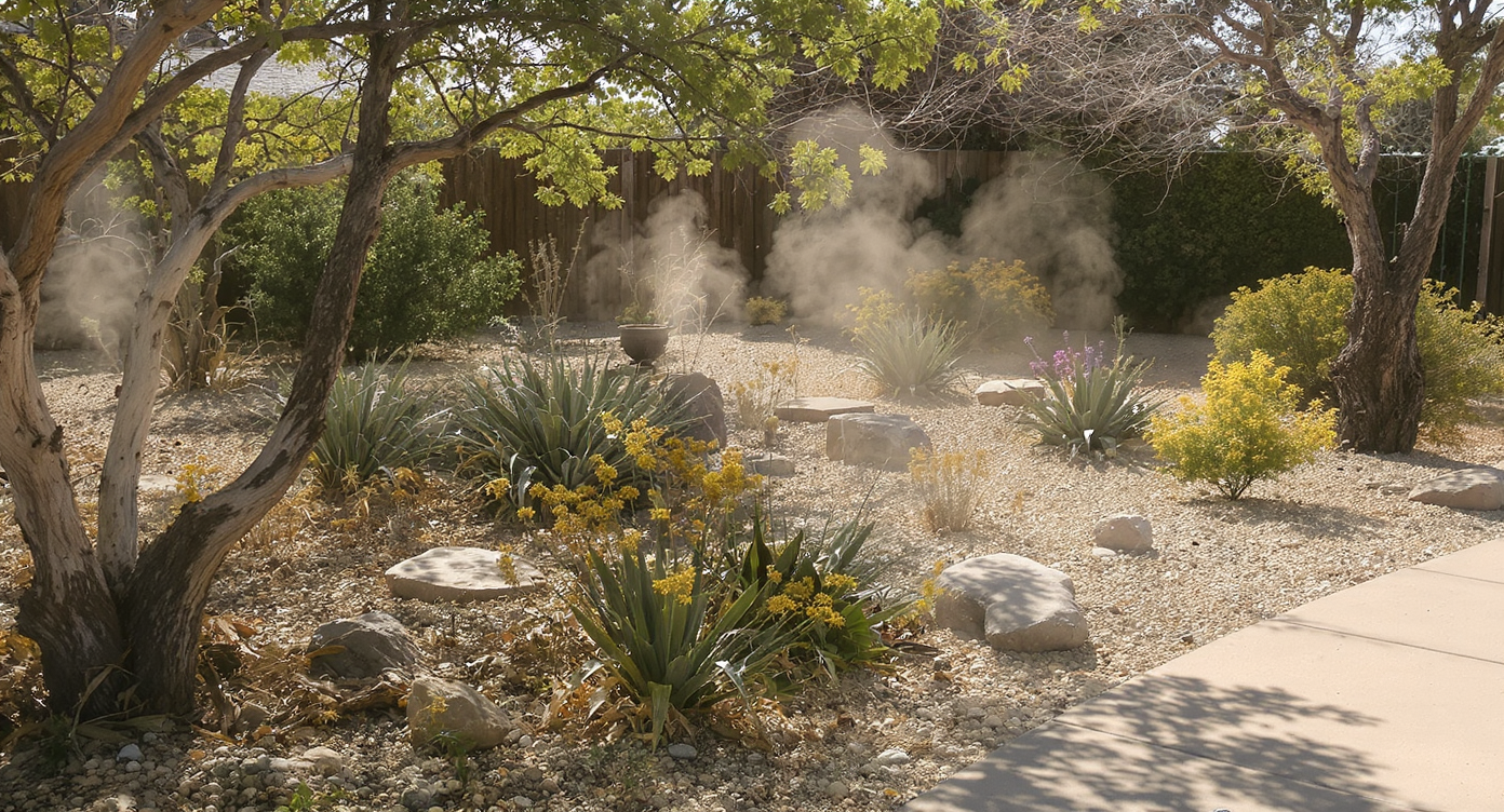 Amarillo yard with drought-tolerant yucca, blackfoot daisies, gravel paths, and strong sunlight emphasizing a resilient semi-arid landscape.