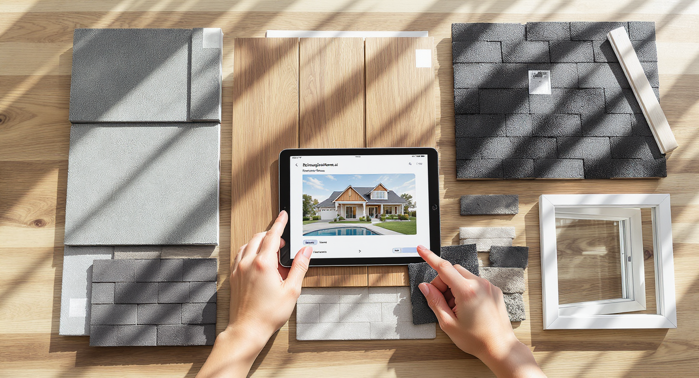 Flat lay of climate-specific exterior material samples with digital design tool displaying home photo, lit by natural light.