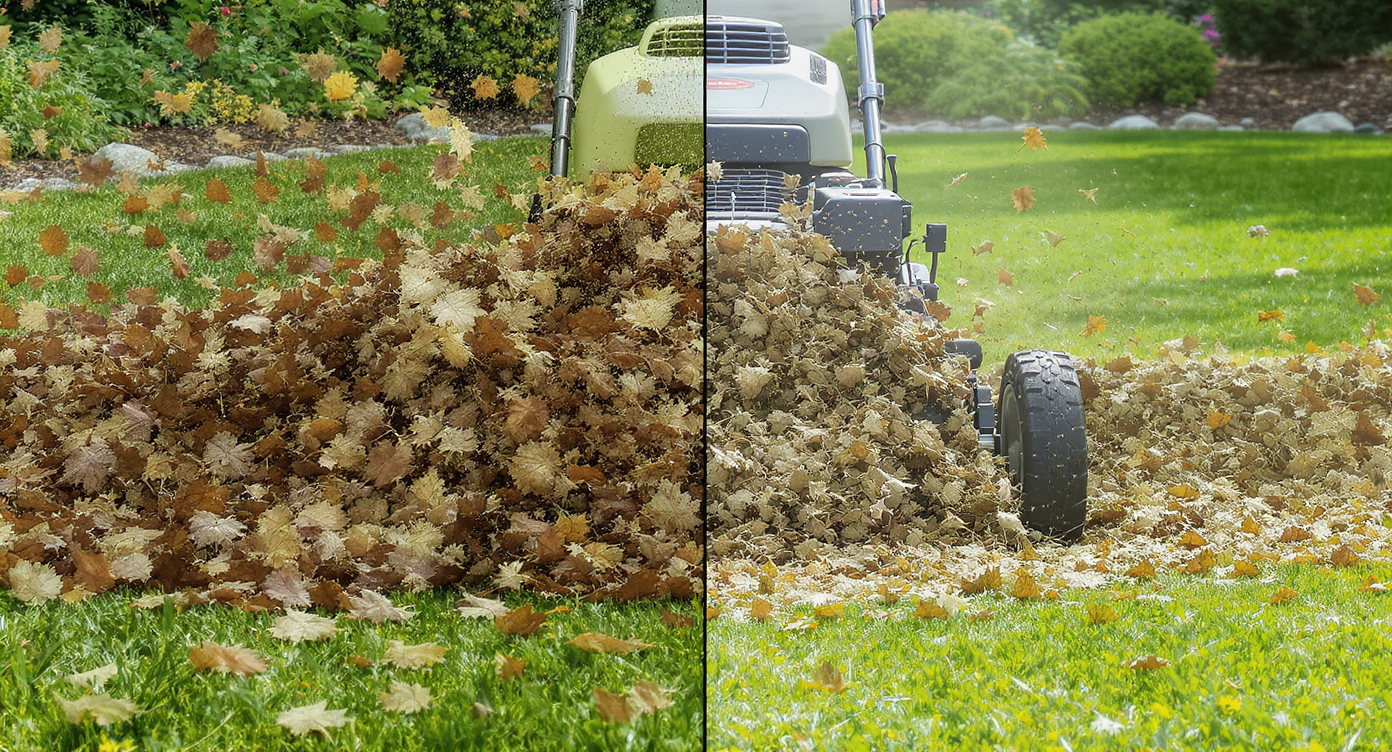 Split image of lawn before and after mulching mower shreds thick leaf layer into fine mulch, showing 90% volume reduction on green grass.