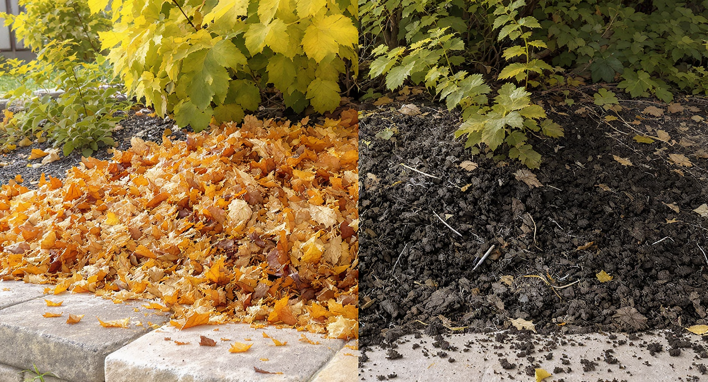Composite garden bed images showing shredded leaves breaking down into soil over several months with worms and new growth.