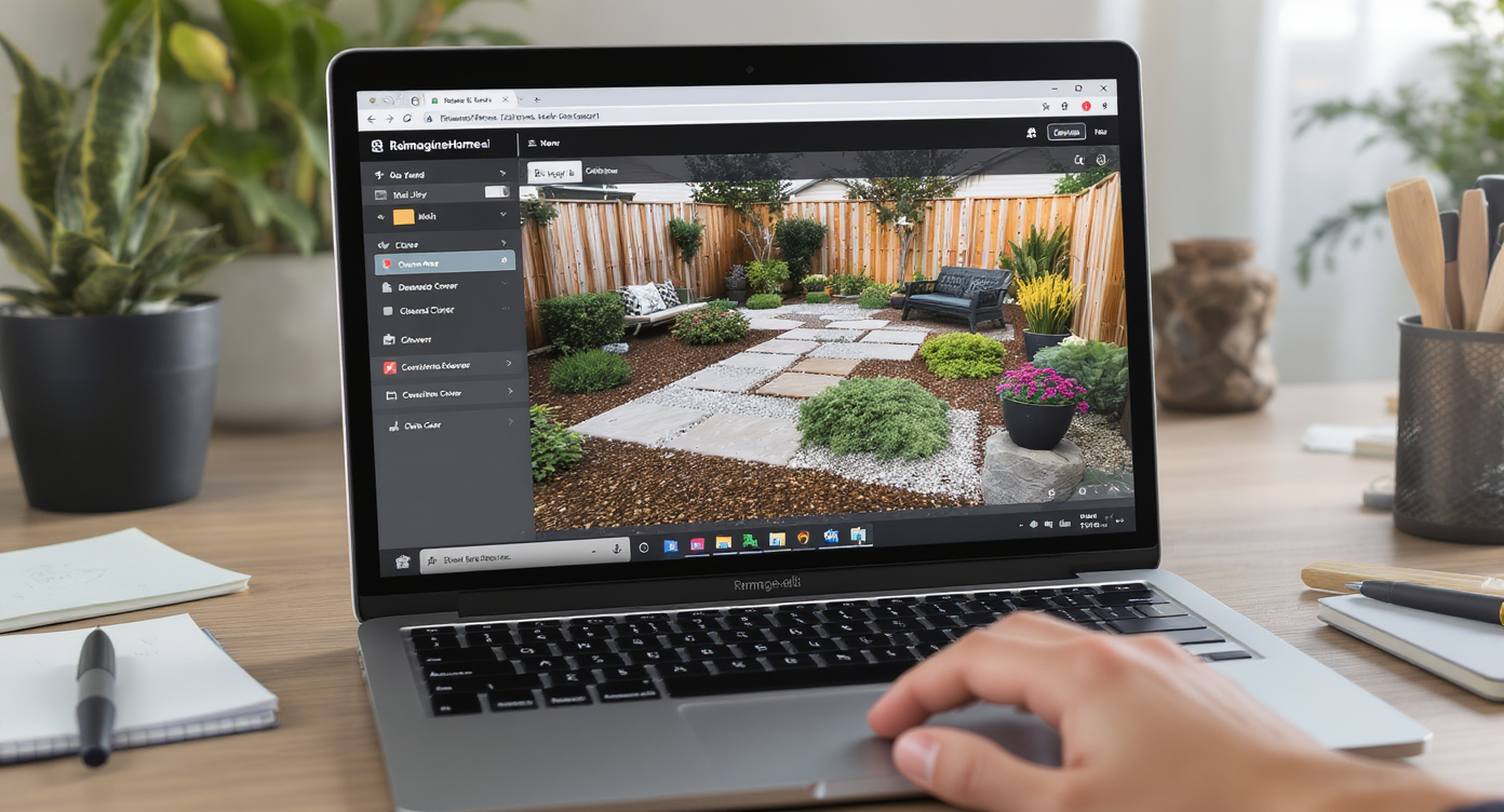 Laptop screen showing ReimagineHome.ai interface with 3D yard mockup testing mulch, gravel, clover, and containers, with hand on mouse.