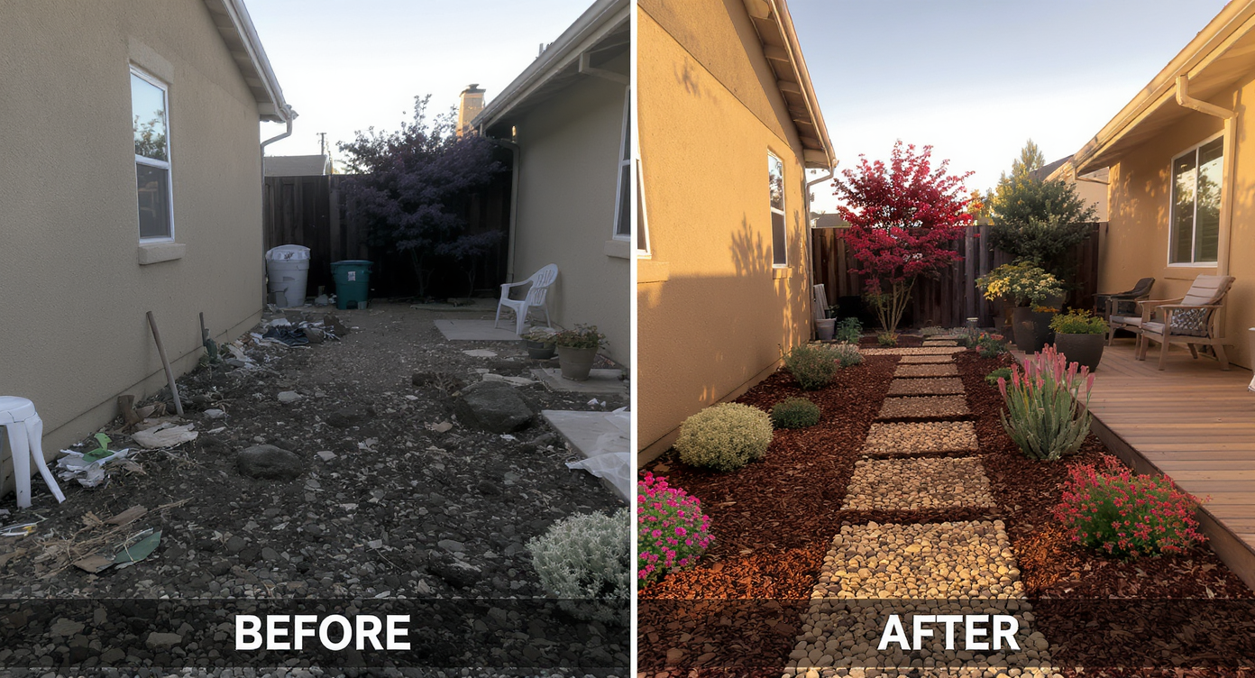Before-and-after of Northern California yard: scruffy gravel messy on left, clean xeriscape with mulch, gravel, containers, and solar lights on right.