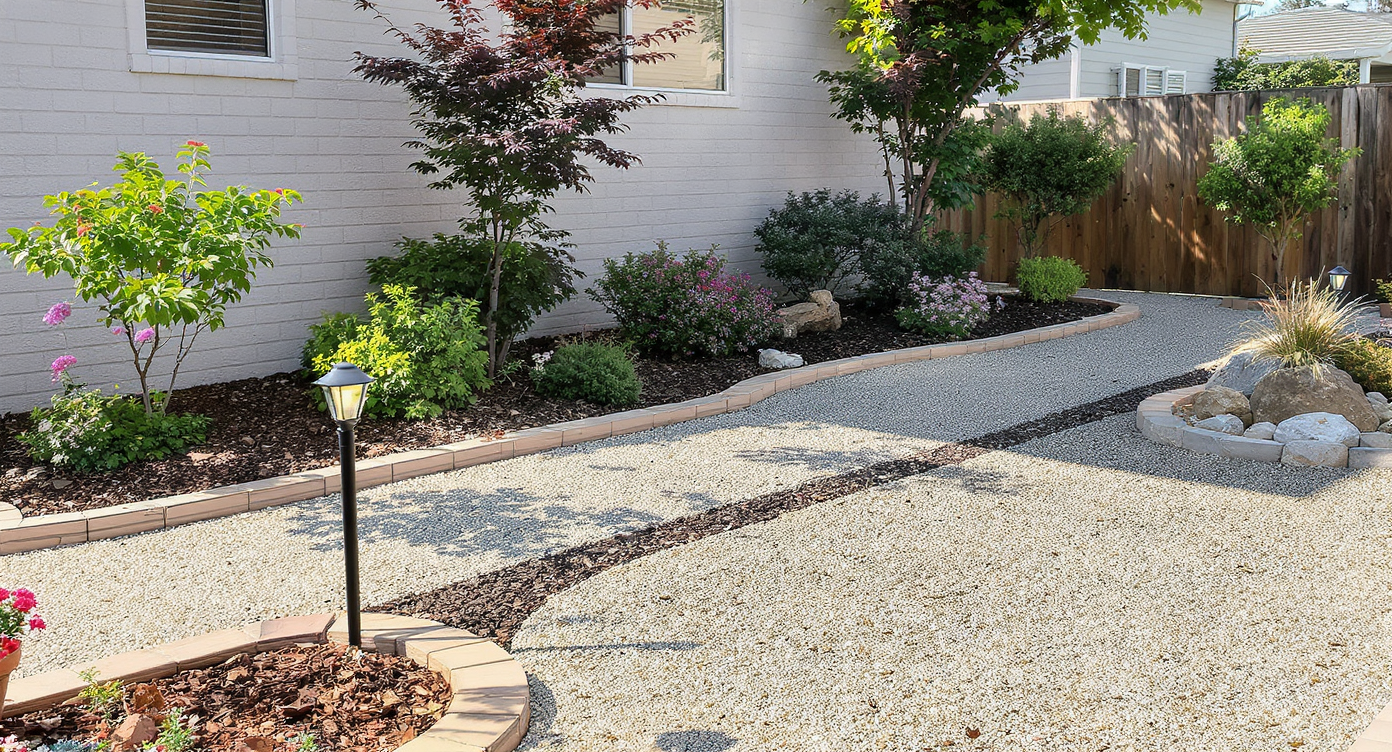 Tidy gravel yard featuring mulch beds, decomposed granite path, container plants, solar lights, and a decorative rock garden in natural light.