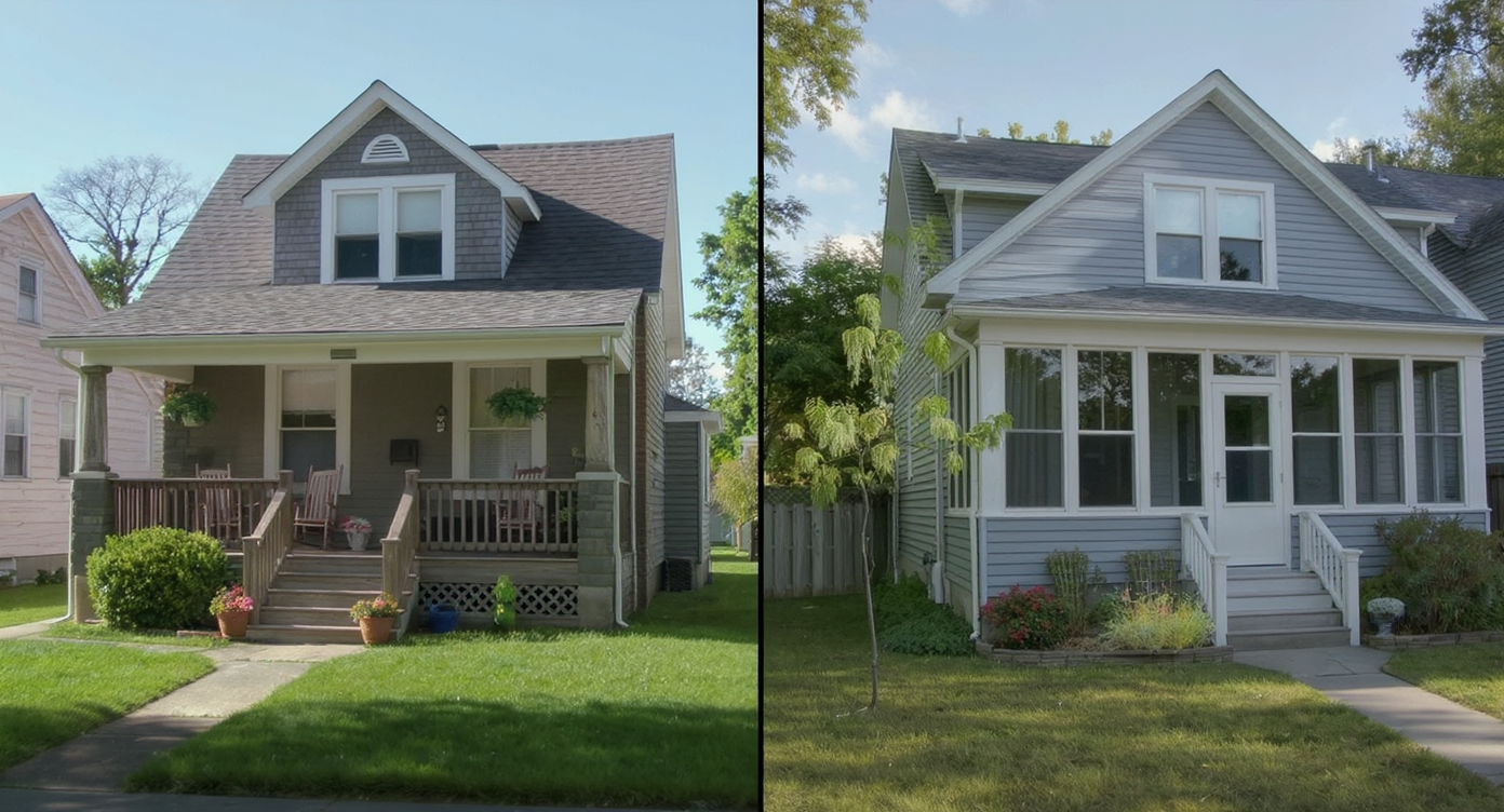 Side-by-side comparison of houses showing an open porch with rocking chairs and an enclosed porch with glass windows and double doors.