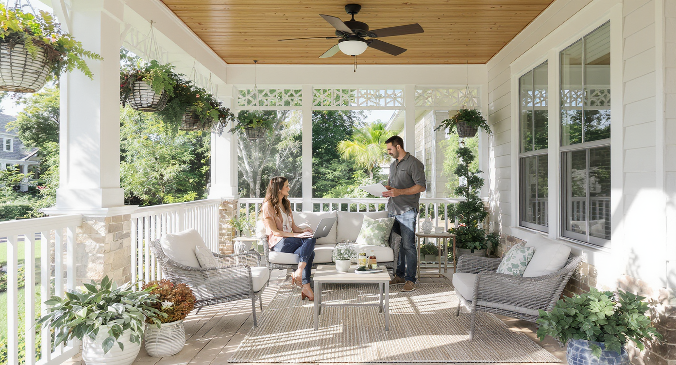 Modern hybrid porch with partially enclosed sides and open front, designer and homeowner reviewing 3D renderings in natural daylight.