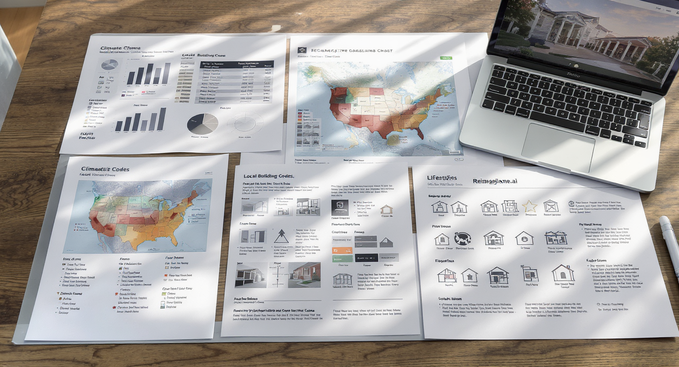 Architectural board displaying cost charts, climate maps, building codes, lifestyle icons, and a laptop with porch designs.