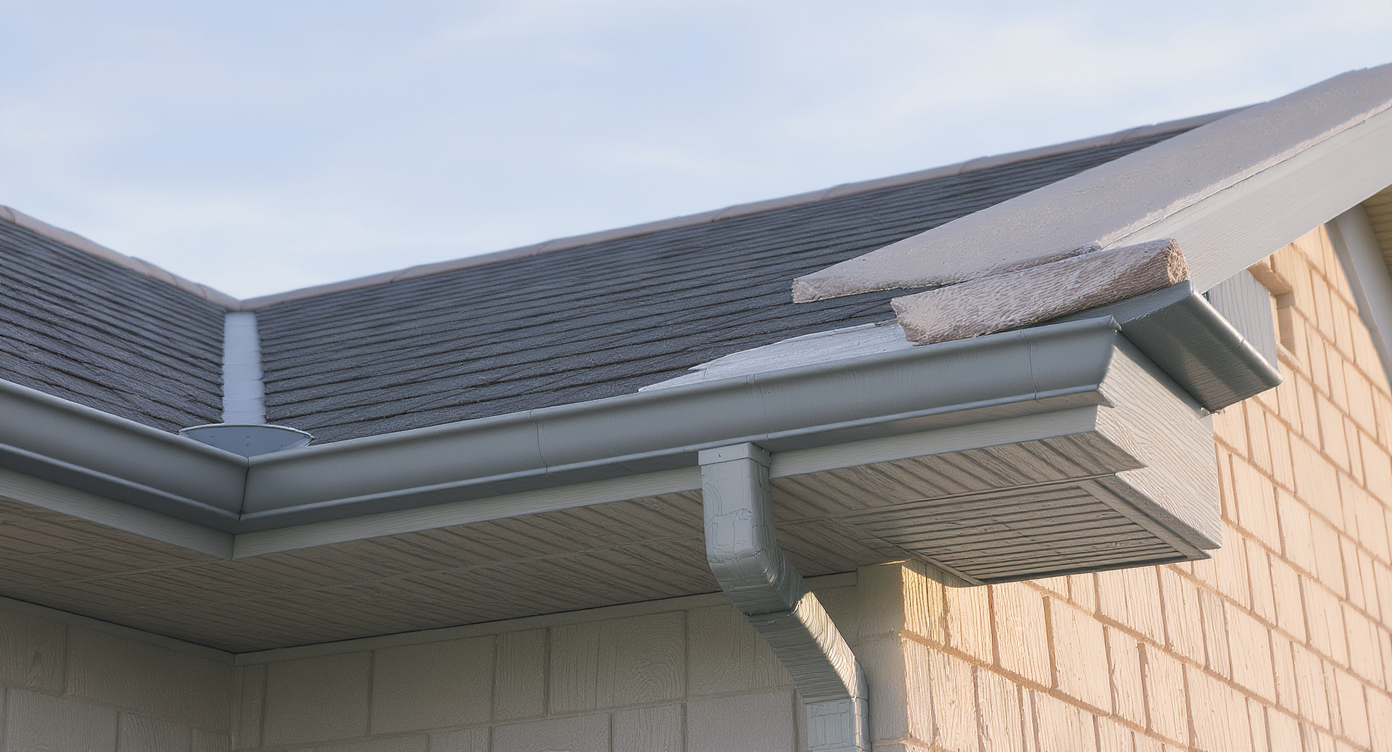 Detailed close-up of a home’s roofline showing fascia, soffits, and gutters highlighting architectural elements and textures.