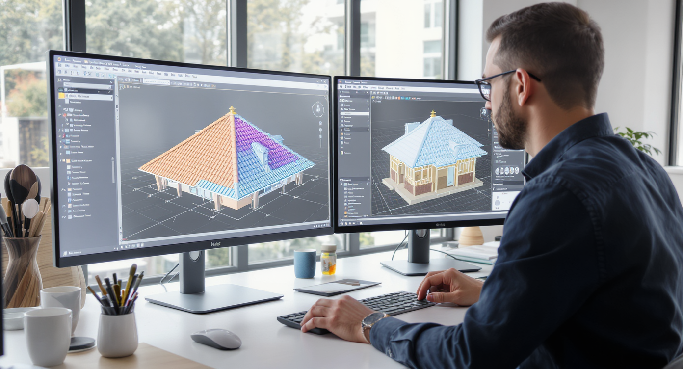 Architect at dual monitors reviewing 3D roofline renderings with alignment grids and color palettes in a bright studio.