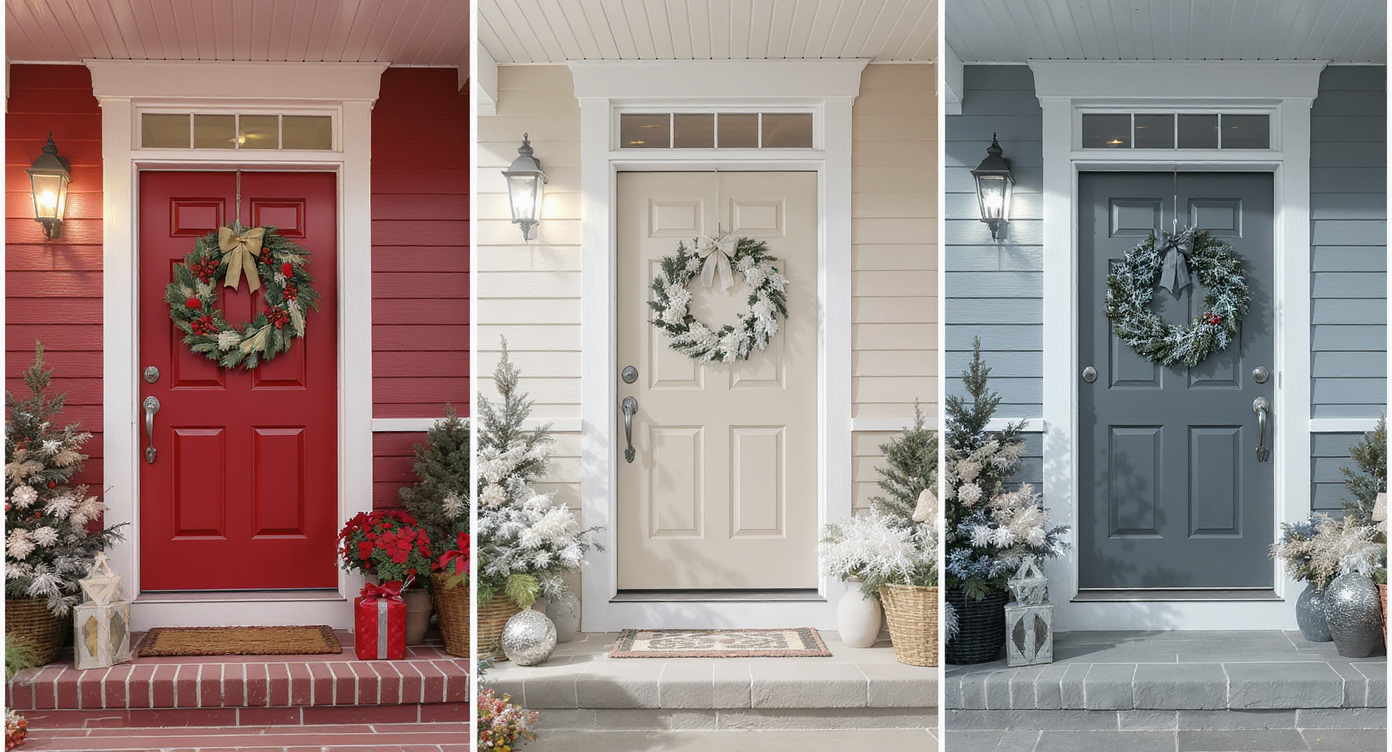 Porch facade split into three holiday decoration themes previewed with AI on a tablet by a homeowner standing outside.