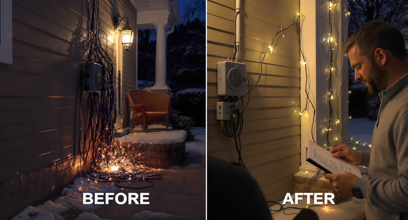 Night scene showing unsafe overloaded Christmas light cords sparking near circuit box vs. safe organized wiring with homeowner checking list outdoors.