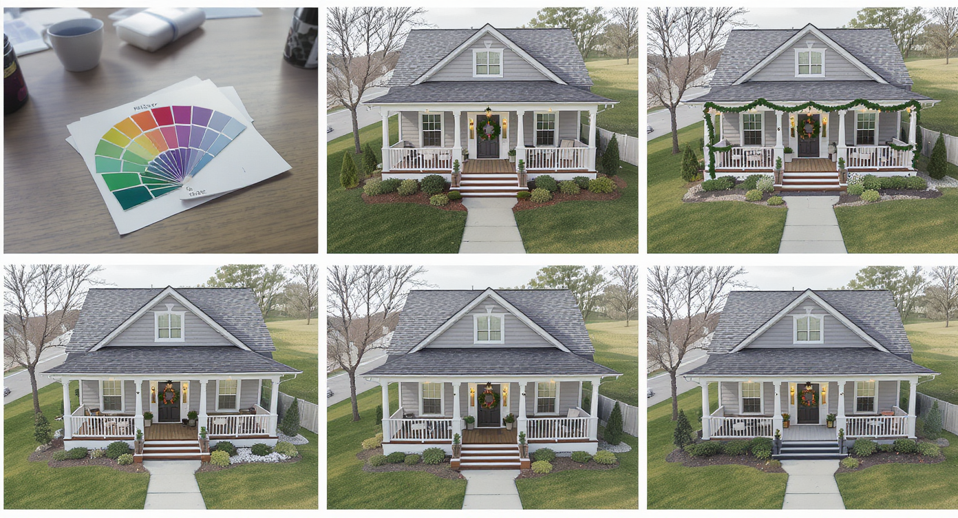 Step-by-step AI-generated Christmas porch design showing color palettes, wreaths, garlands, lighting, and layout planning in natural daylight.