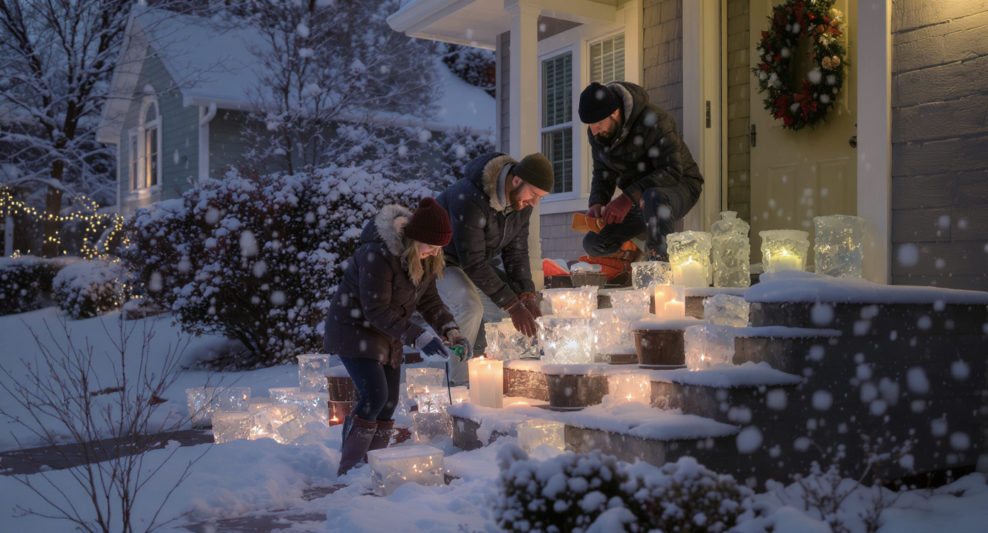 Family decorating glowing ice lanterns on snowy front porch steps with soft candlelight inside buckets during winter evening.