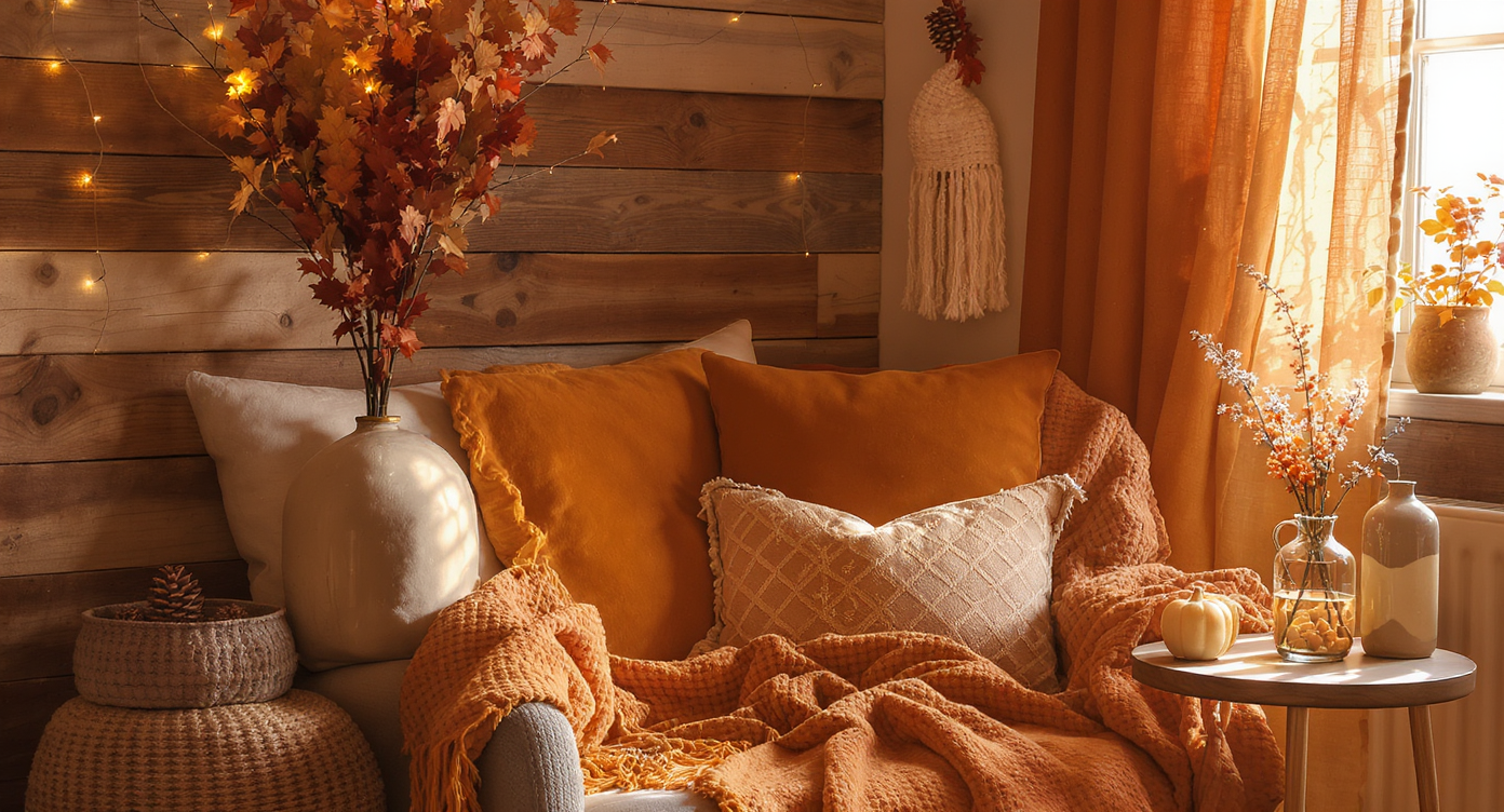 Cozy nook decorated with autumn-hued textiles, pine cones, and golden accents around an armchair.