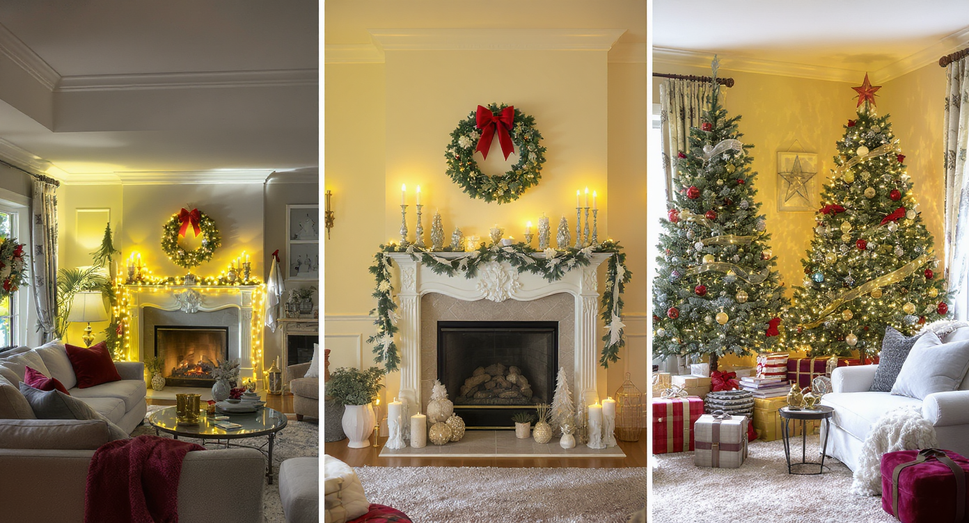 Overdecorated room with mismatched light colors, oversized ornaments, and excessive themed decorations showing mistakes.