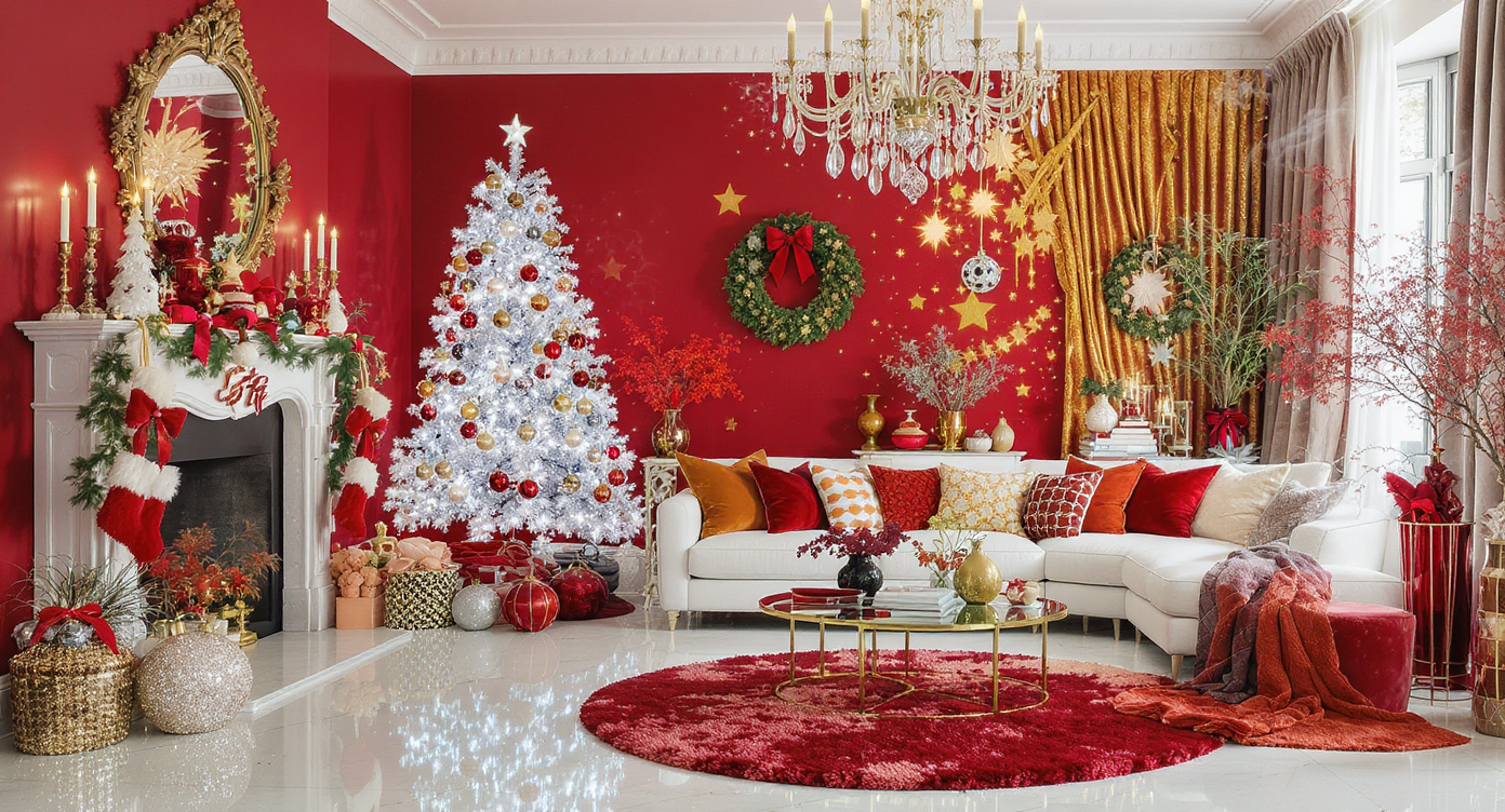 Room showcasing eight 2025 Christmas trends: bold color, monochrome tree, celestial stars, food ornaments, rustic textures.