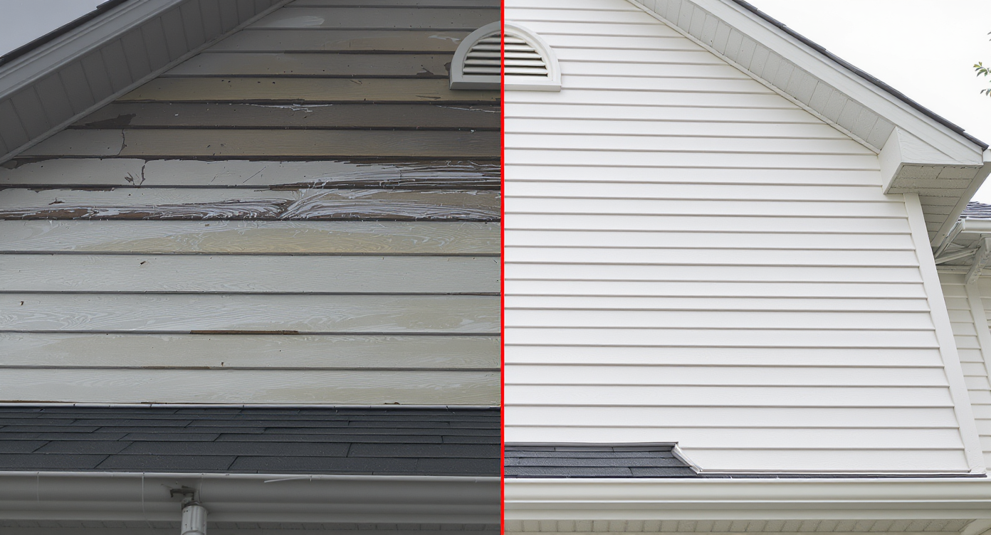Comparison of two homes: one with damaged peeling siding from moisture and one with pristine fiber cement siding and proper gutters under soft light.