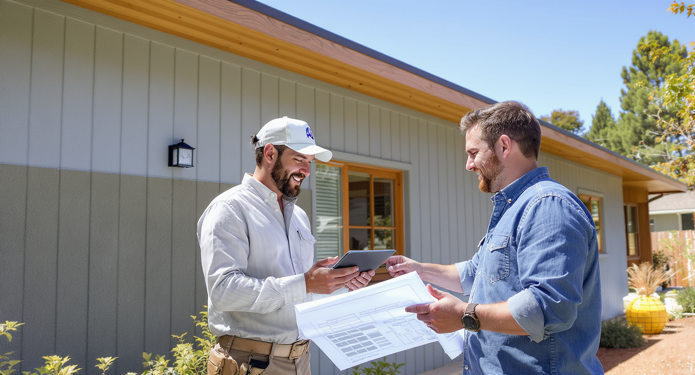 Home designer and homeowner discussing AI siding previews with blueprints outdoors by a mid-century modern home in bright daylight.