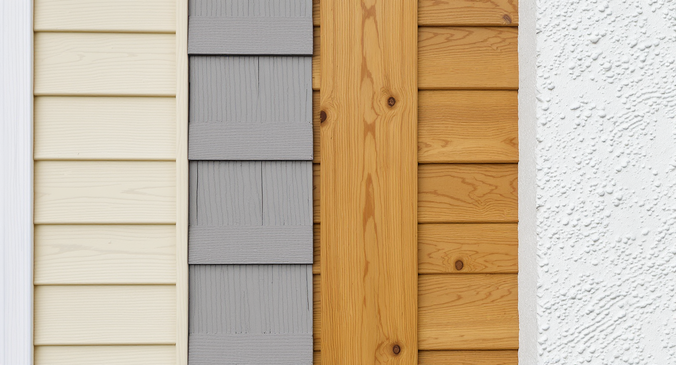 Close-up of home exterior walls side-by-side with beige vinyl, gray fiber cement, warm wood, and white stucco siding in natural daylight.