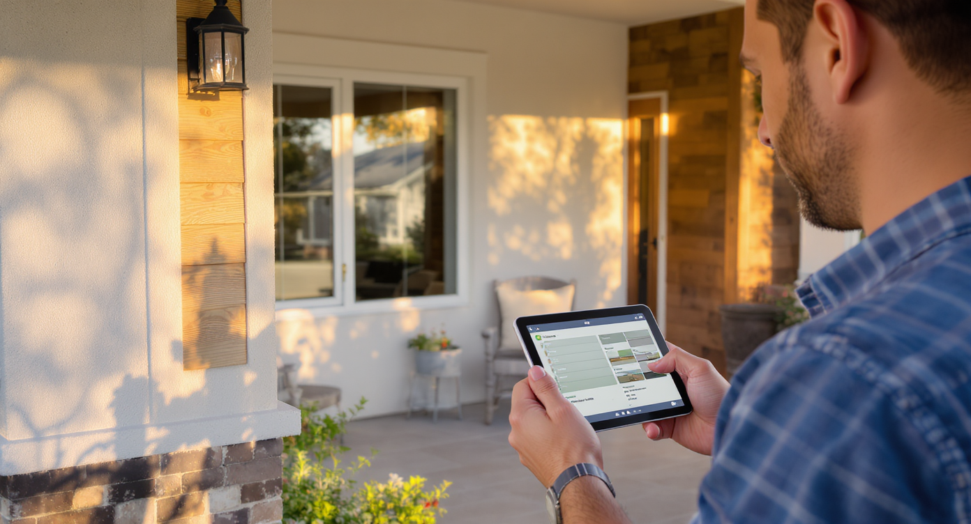 Homeowner on porch, holding tablet showing digital siding previews, with stucco and wood siding facade in warm afternoon light.