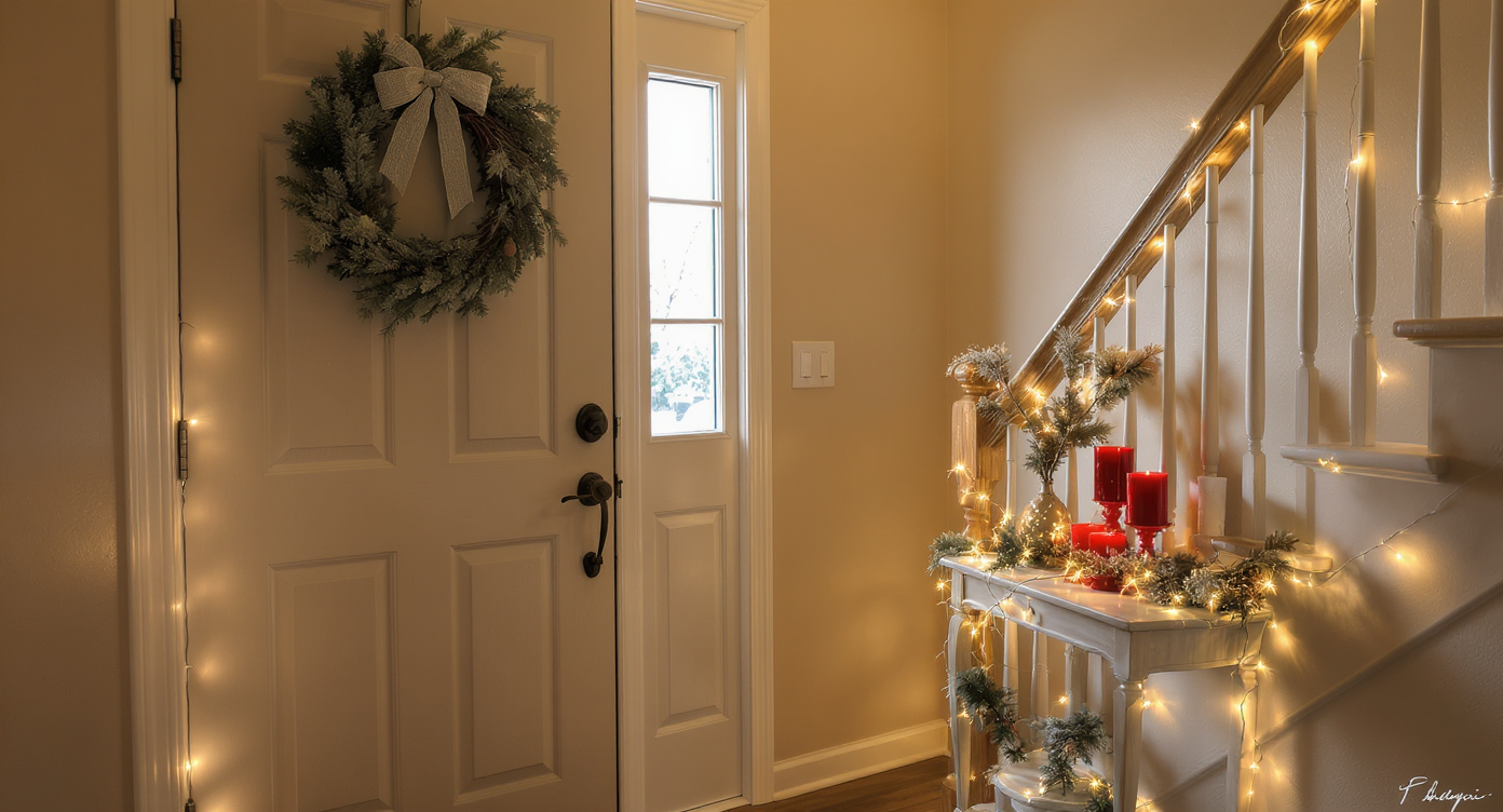 Cozy entry hallway with Christmas wreath, micro lights, frosted greenery, and red candles illuminated by natural light.