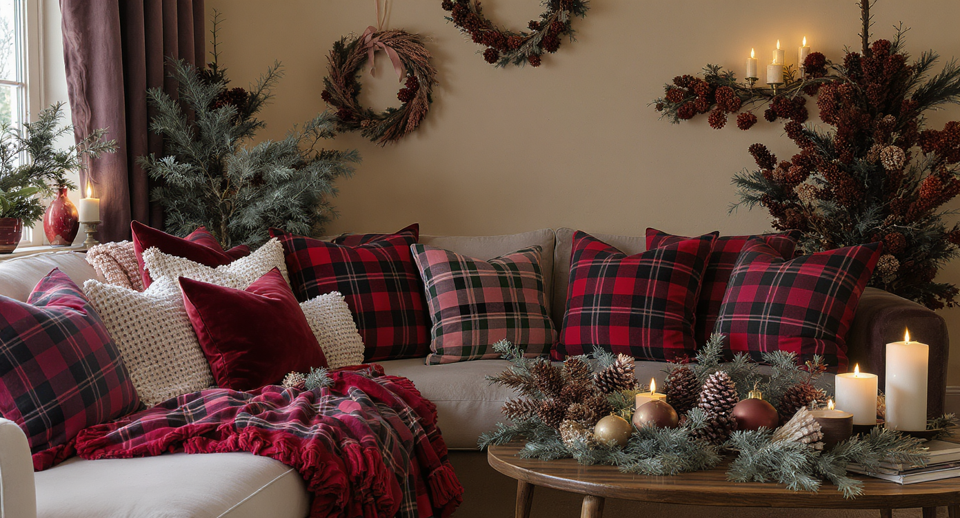 Designer-styled living room corner with repeated plaid patterns, pine cones, velvet cushions, and warm candlelight.