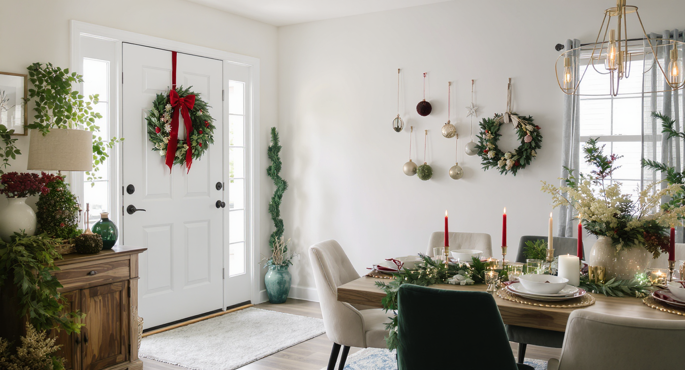 Home entrance and dining table styled quickly for Christmas with wreath, garlands, and red and green decor in soft daylight.