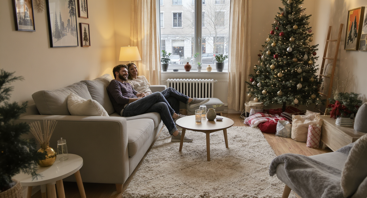 Cozy small living room with sofa moved, rotated rug, and festive tree creating a spacious holiday ambiance.