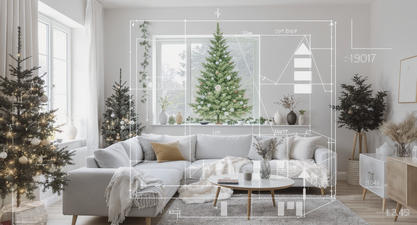 Small living room with digital overlays illustrating holiday decoration placement and layout planning.