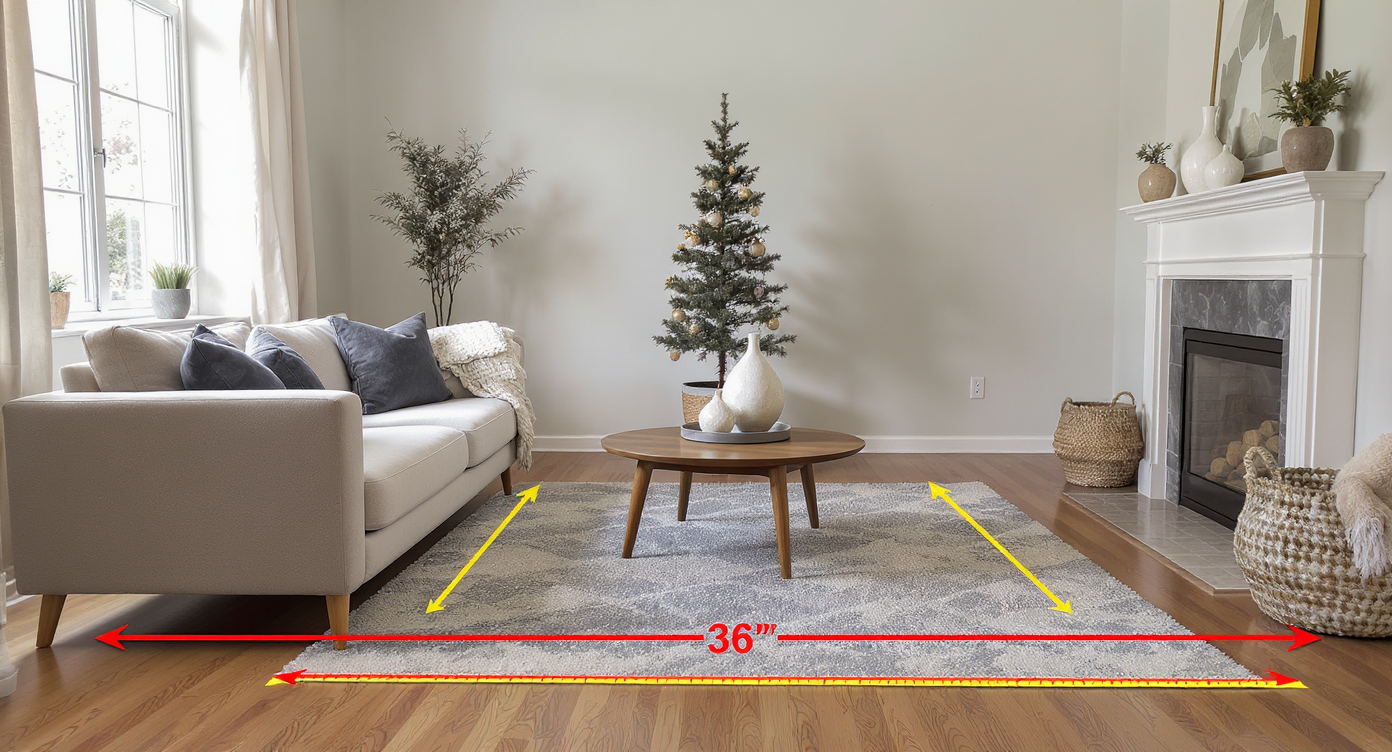 Measured small living room demonstrating 36-inch walkways and space-saving furniture placement around a slim tree.
