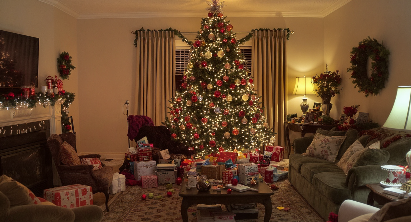 Cramped small living room with an oversized tree and cluttered decorations causing overcrowding and blocked paths.