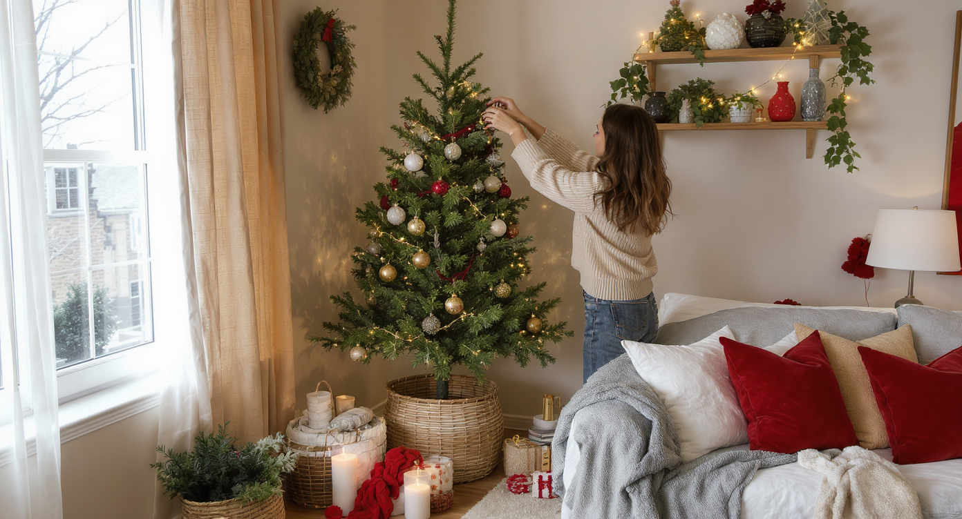 Tiny room with a slim tree on a wooden riser in a basket, layered lighting, and a designer arranging festive decor.